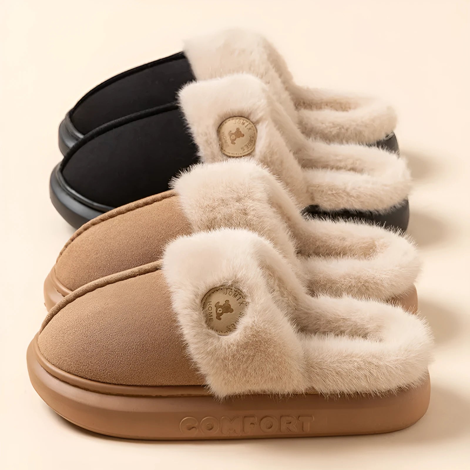 Plush fleece indoor slipper with PVC sole shown in available colours: black, blue, brown, khaki, pink.