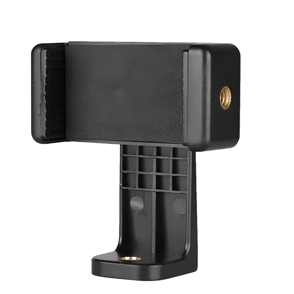 Black plastic phone holder with a rotating clamp on a flat surface.