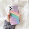 Rainbow gradient TPU iPhone case with striped design on iPhone