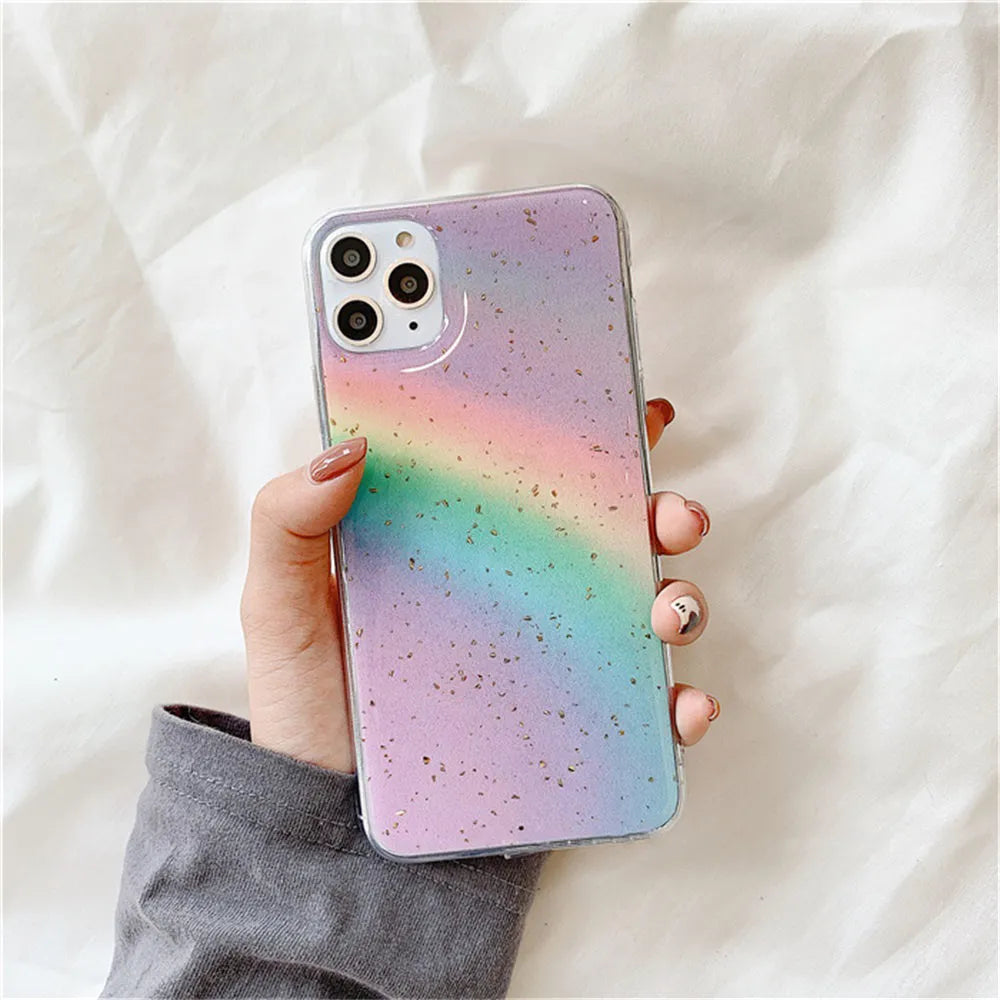 Rainbow gradient TPU iPhone case with striped design on iPhone