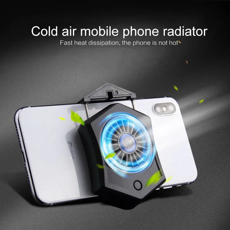 Black mobile phone radiator with adjustable clamp attached to smartphone showing USB connection
