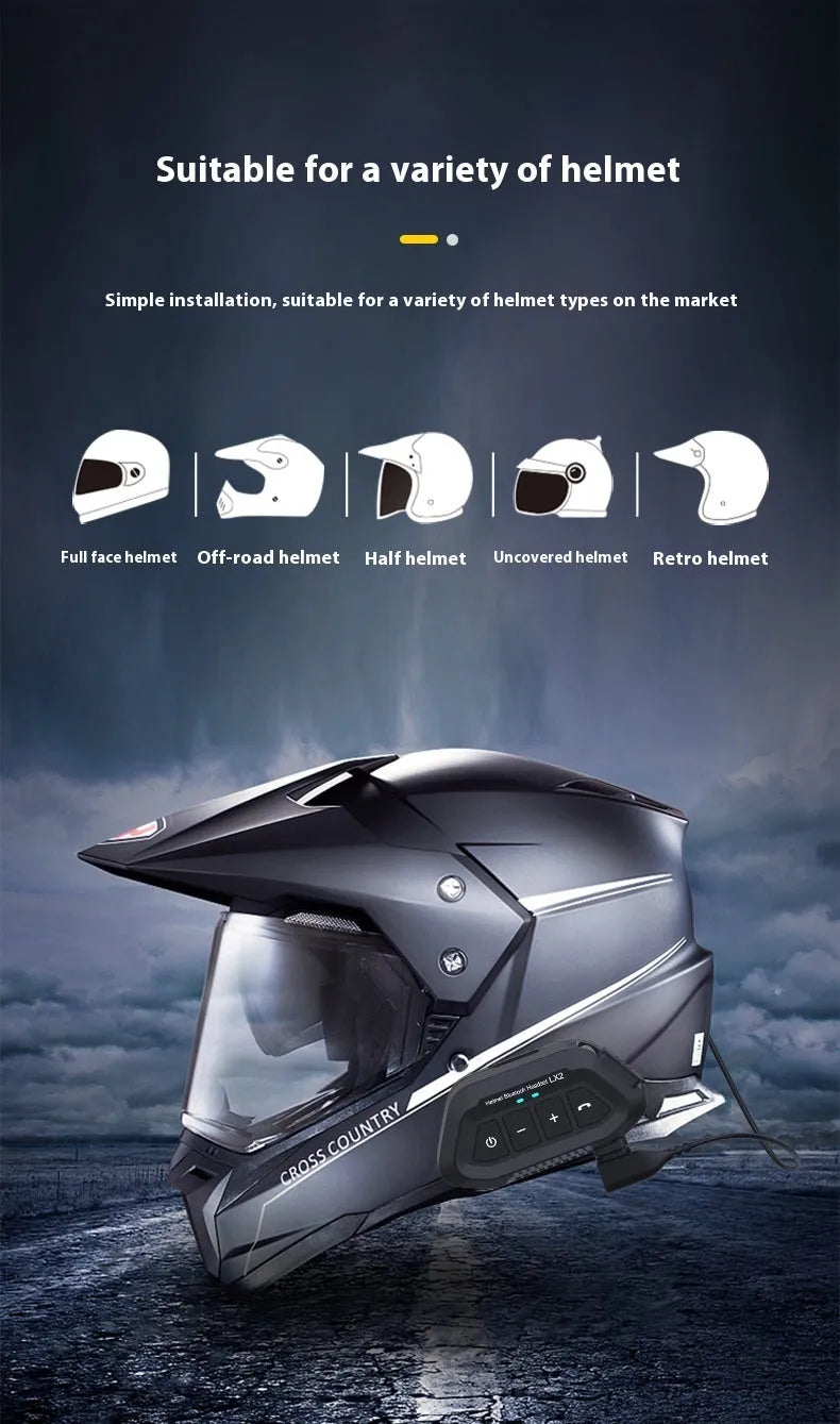 Bilateral stereo wireless rider headset in black or white with ATS chip, 15 metre range, and 25 hour battery