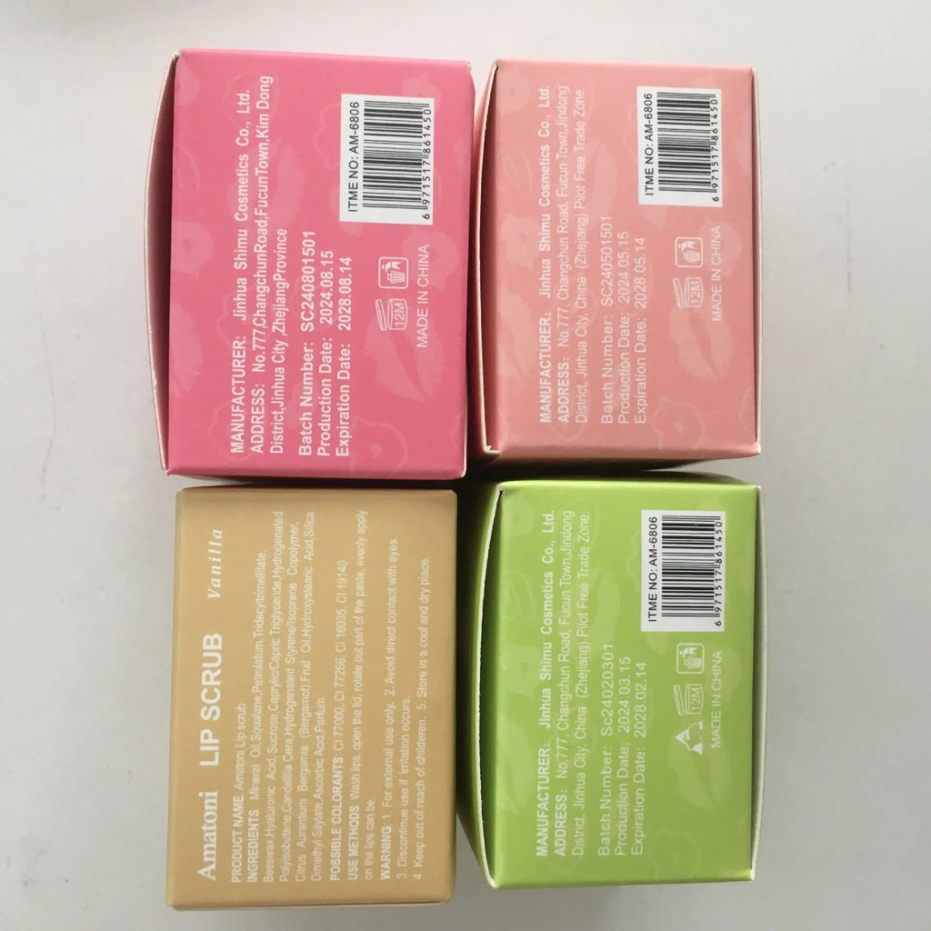 Amatoni Lip Scrub Cream pot in fruit flavours including coconut, raspberry, vanilla, and watermelon, 30g net weight.