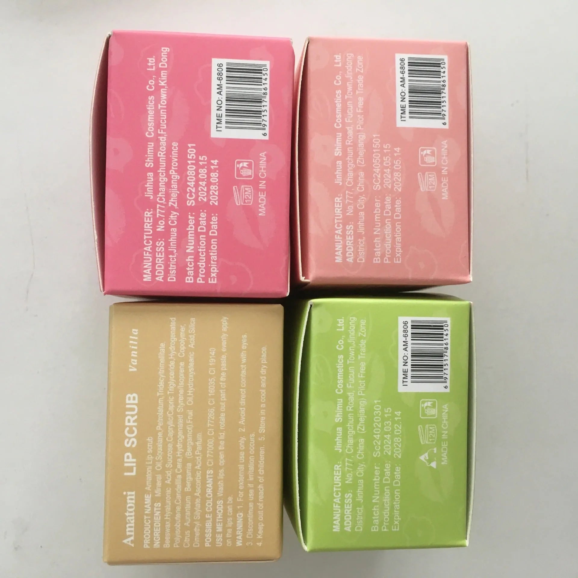 Amatoni Lip Scrub Cream pot in fruit flavours including coconut, raspberry, vanilla, and watermelon, 30g net weight.