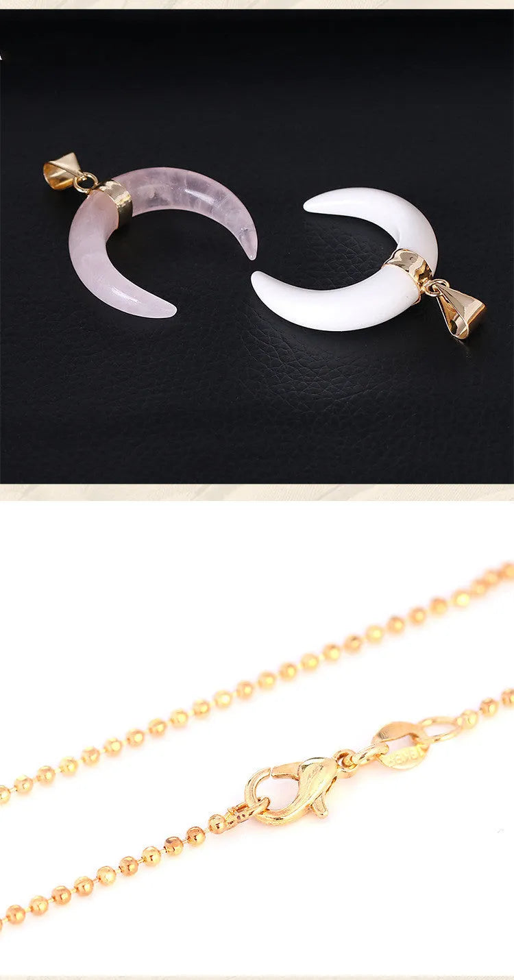 Natural stone moon pendant necklace with copper electroplated chain in pink or purple colour options
