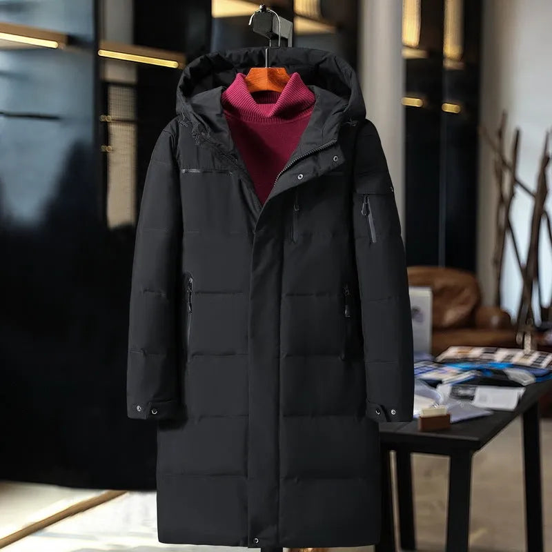 Long padded down jacket for men in black, grey, or green coffee, 100% polyester shell, white duck down filling, sizes M-5XL