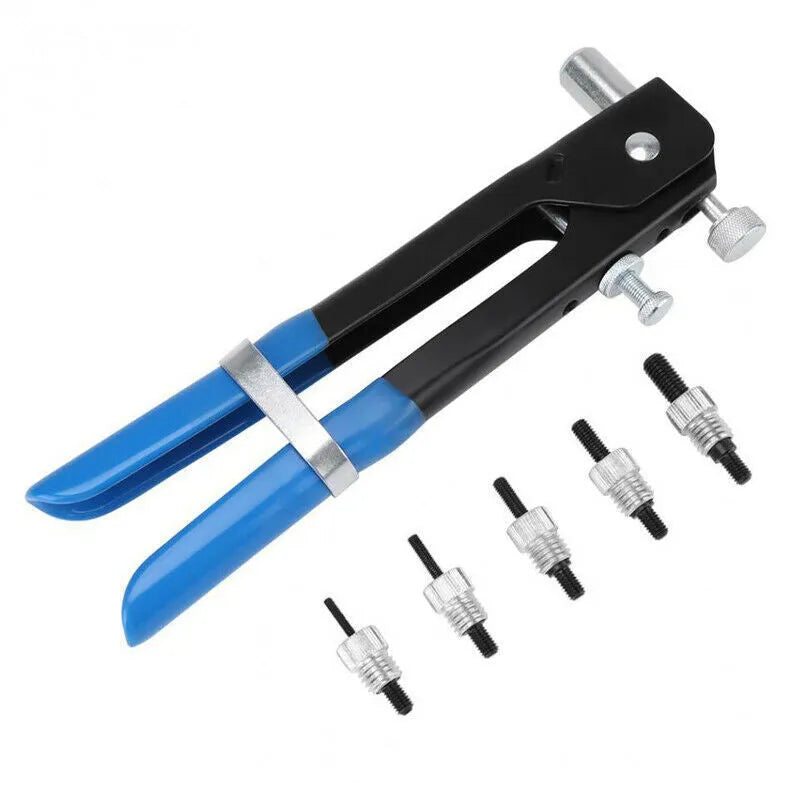 Alloy steel manual riveter nut tool with colour-coded mandrels and nuts from the 86PC or 106PC set.