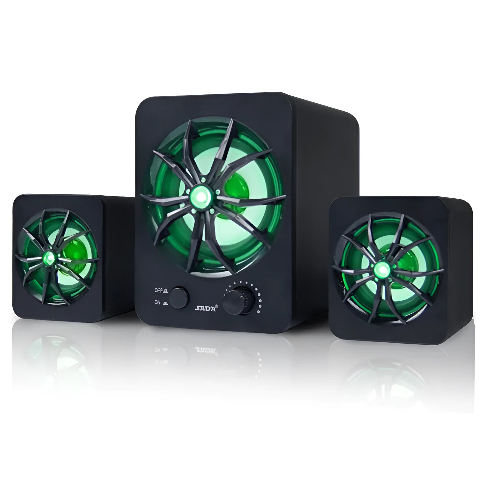 Green illuminated 2.1 USB computer speaker with colourful LED lights and connection cable