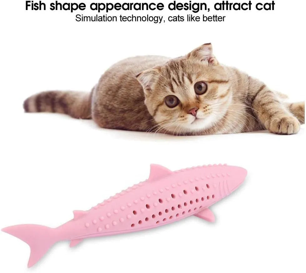 Green silicone fish-shaped chew toy for cats with breathable side holes on a white background.
