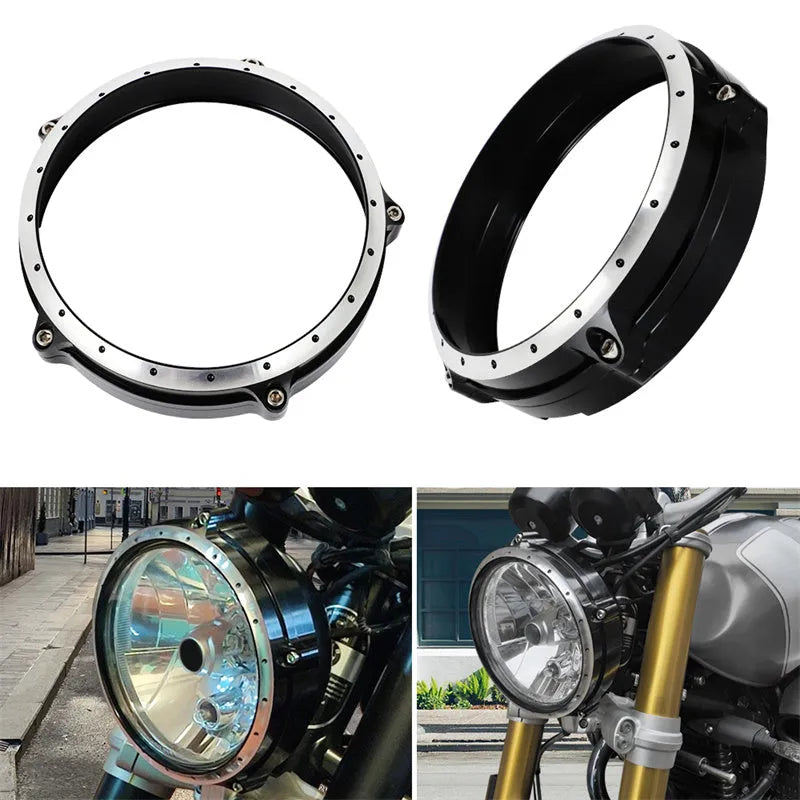 Black CNC aluminium headlight protective frame for BMW R NineT Scrambler motorcycle