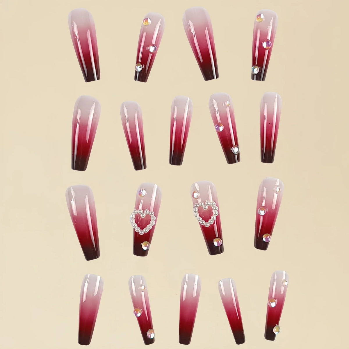Wine red gradient plaid pattern fake nail tips with pearl hearts in long ballet style