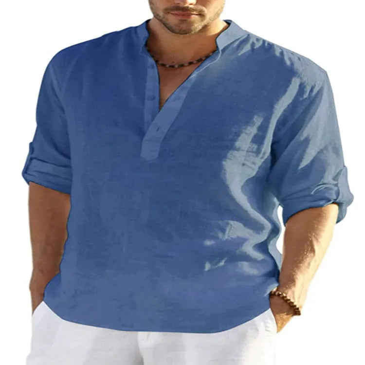 Men's solid colour long sleeve shirt with a stand collar, shown in a light blue colour option.