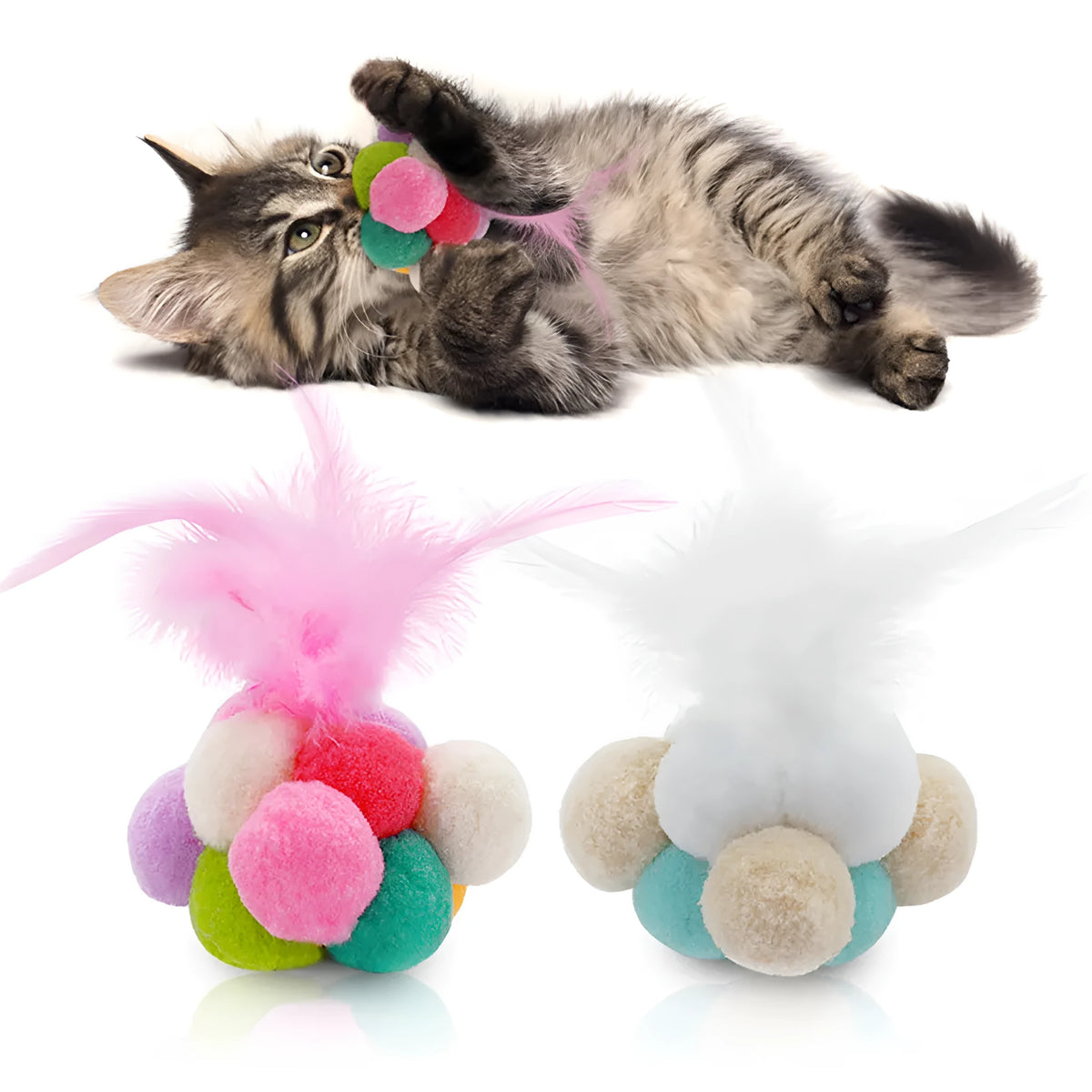Cat toy feather wand with colourful pink and blue white feathers and a bouncy ball.