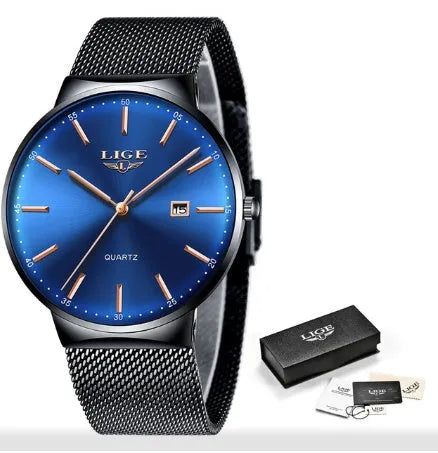 Men's stainless steel watch with 40mm case, shown in black, blue, and black blue colour variations.