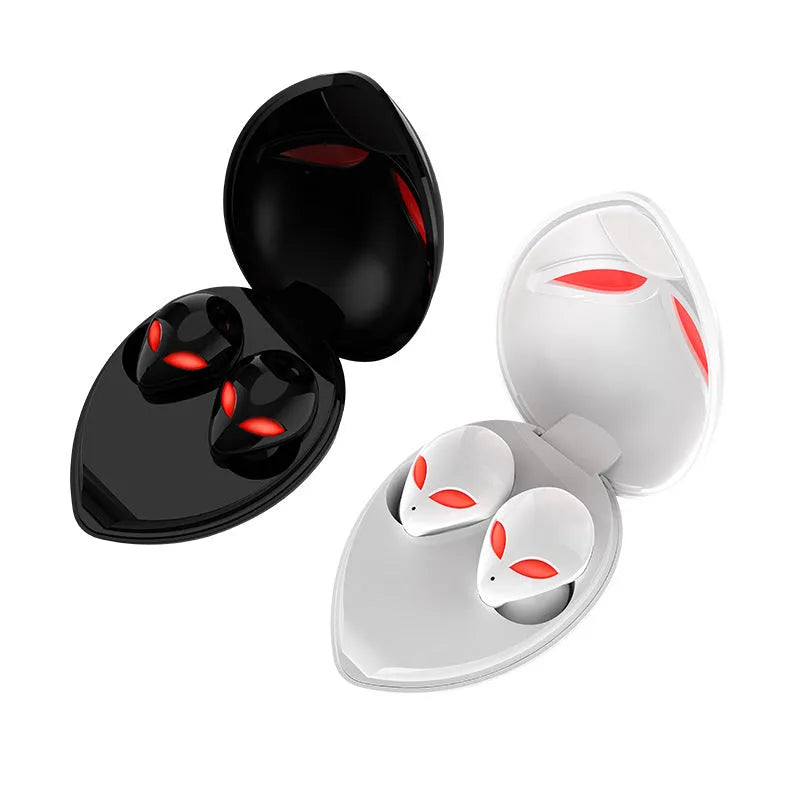 Creative Outer T8 Starman alien design Bluetooth headset with red LED lights and charging case.