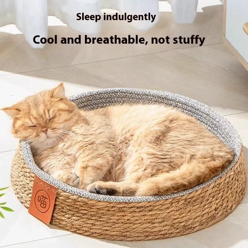 Natural rattan woven cat nest bed available in four different sizes for feline comfort