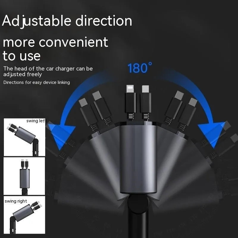 Black automatic retractable car charger with USB ports for Apple and Huawei devices