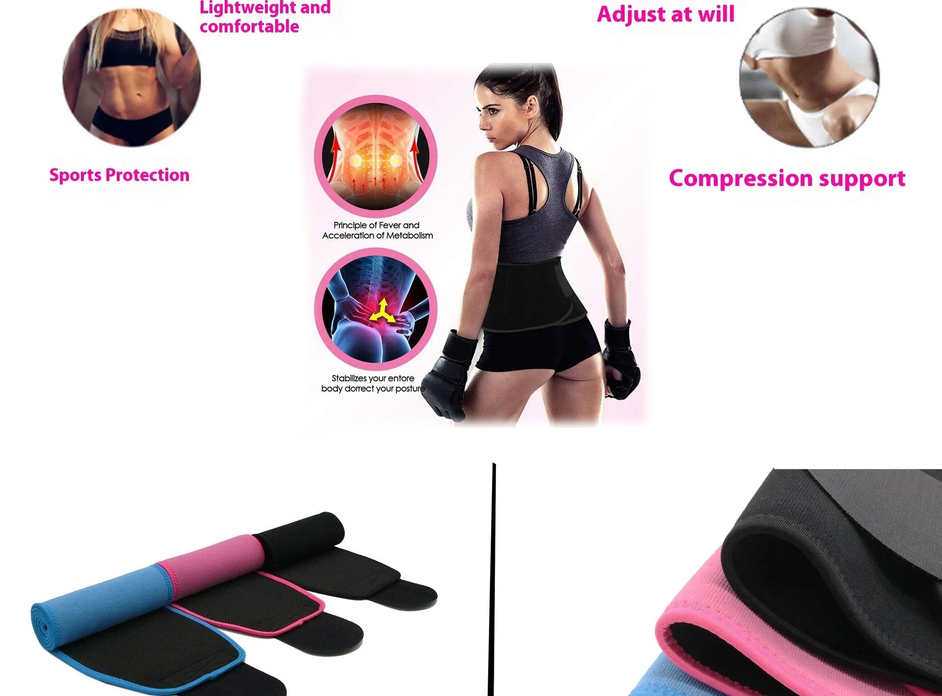 Neoprene lumbar support belt with adjustable strap in black, blue, or pink