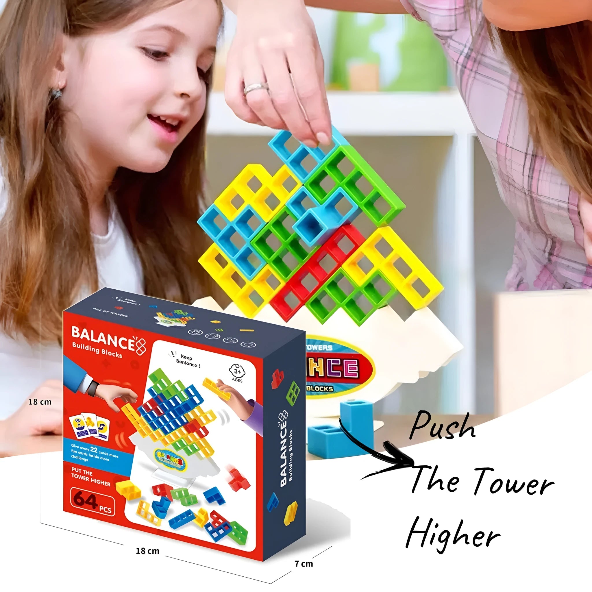 Plastic balance stacking board game with colourful blocks, chassis, and base on table
