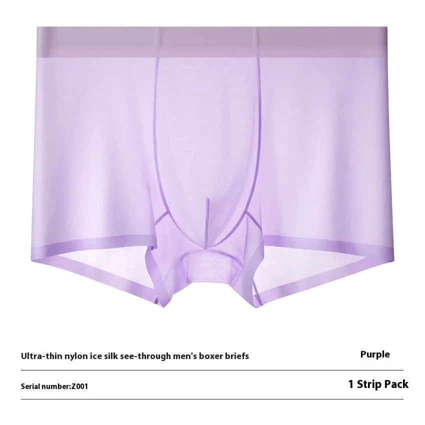 Ultra-thin white Ice Silk seamless mens boxer briefs laid flat, showing traceless design.