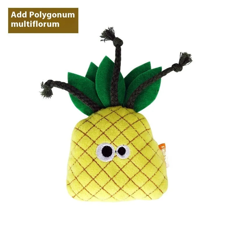 Six catnip plush toys shaped like burrito, cone, cucumber, mushroom, pineapple, and pizza for feline chewing play