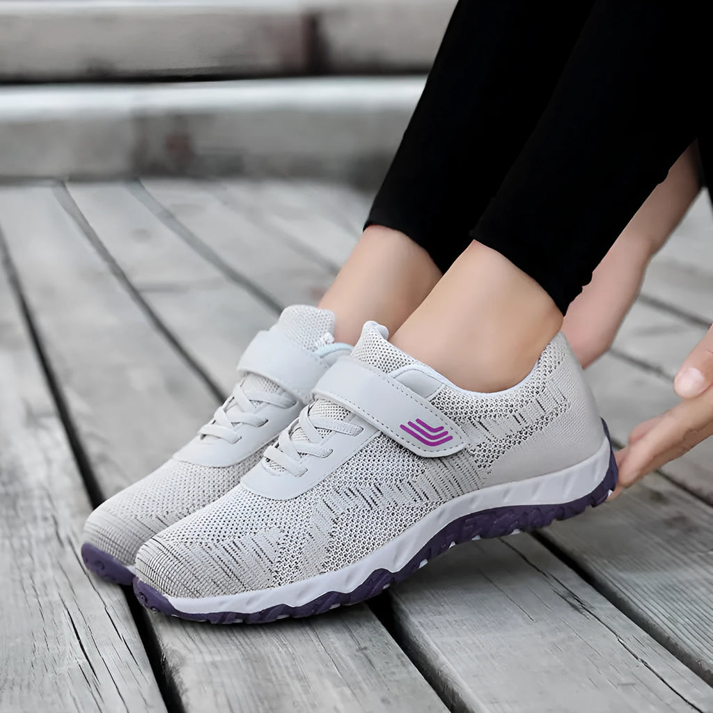 Women's grey purple wedge shoes with mesh upper and velcro strap fastener