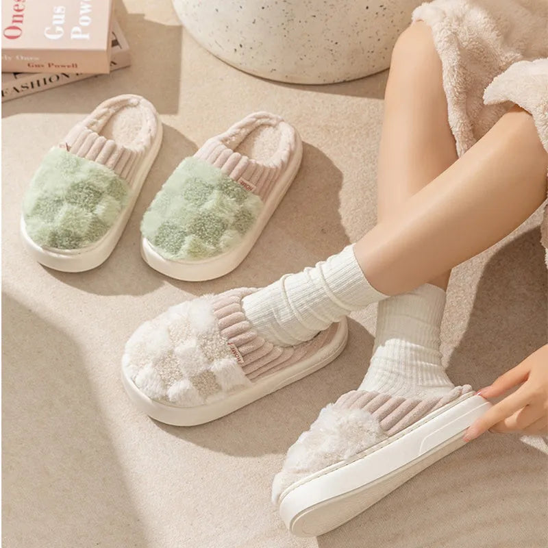 Women's plush indoor slippers in coffee colour with coral velvet upper and anti-slip PVC sole.