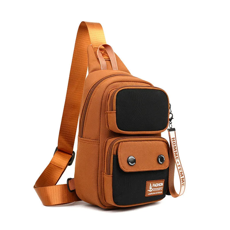 Outdoor nylon crossbody shoulder bag with letter pattern in black, beige contrast, or light brown contrast colour.