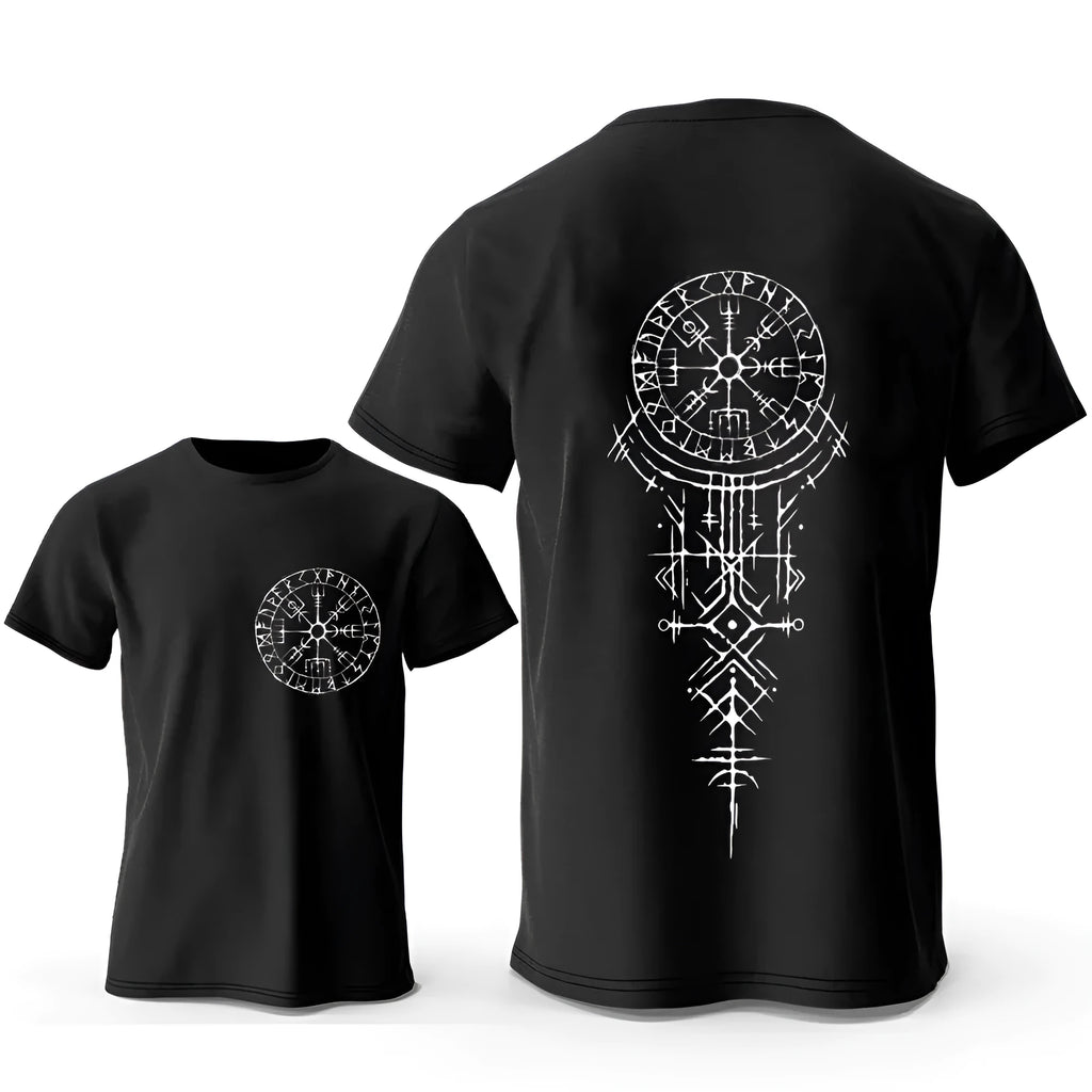 Men's grey cotton T-shirt featuring a detailed Viking rune compass graphic on the chest.