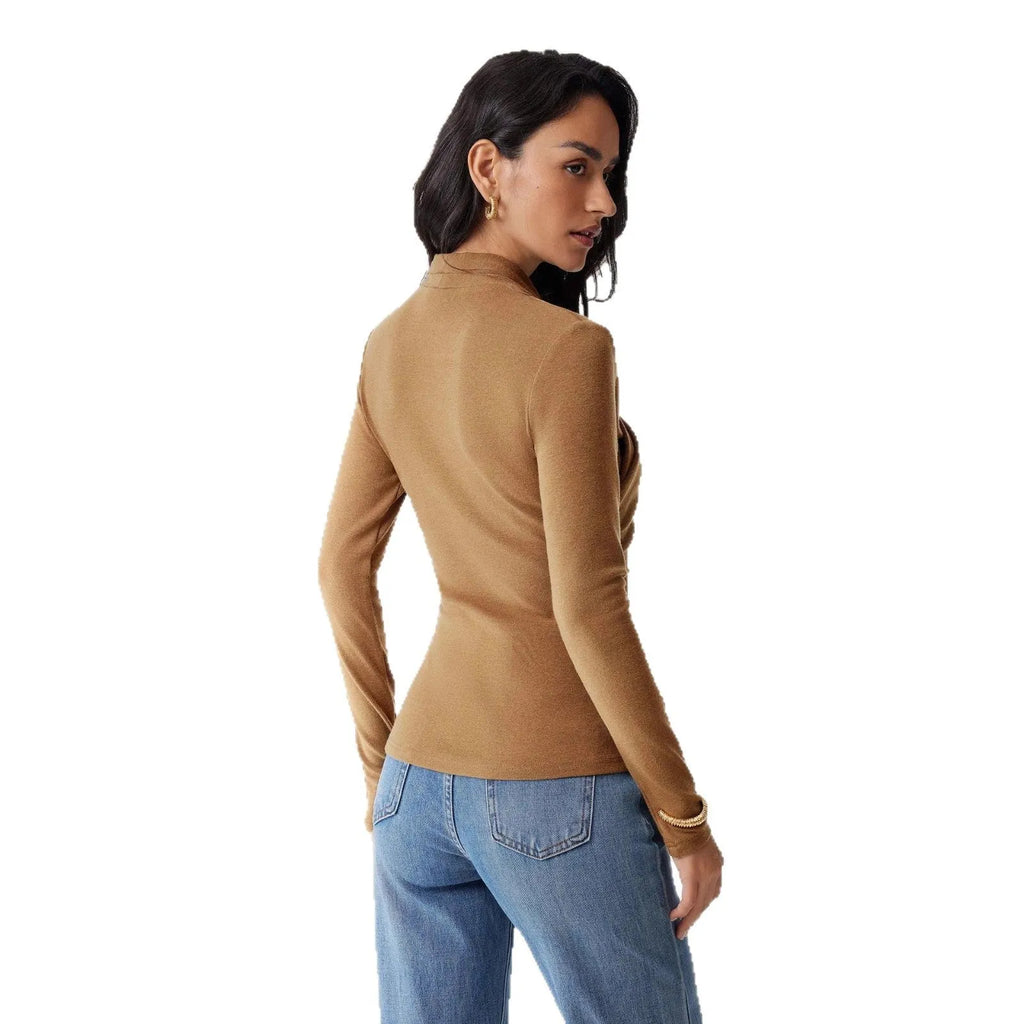 Camel-coloured women's slim-fit polyester pullover sweater on a hanger.