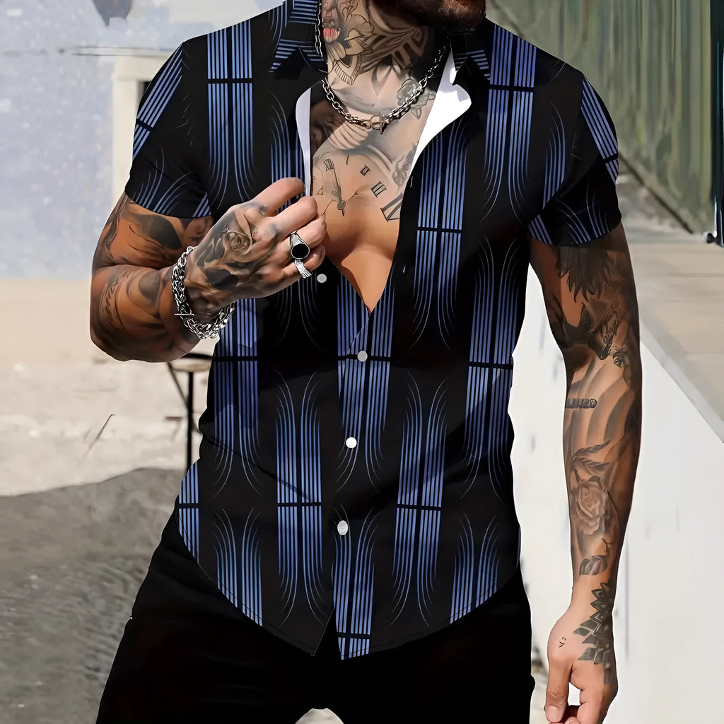 Men's geometric line print short sleeve shirt in slim fit with lapel collar