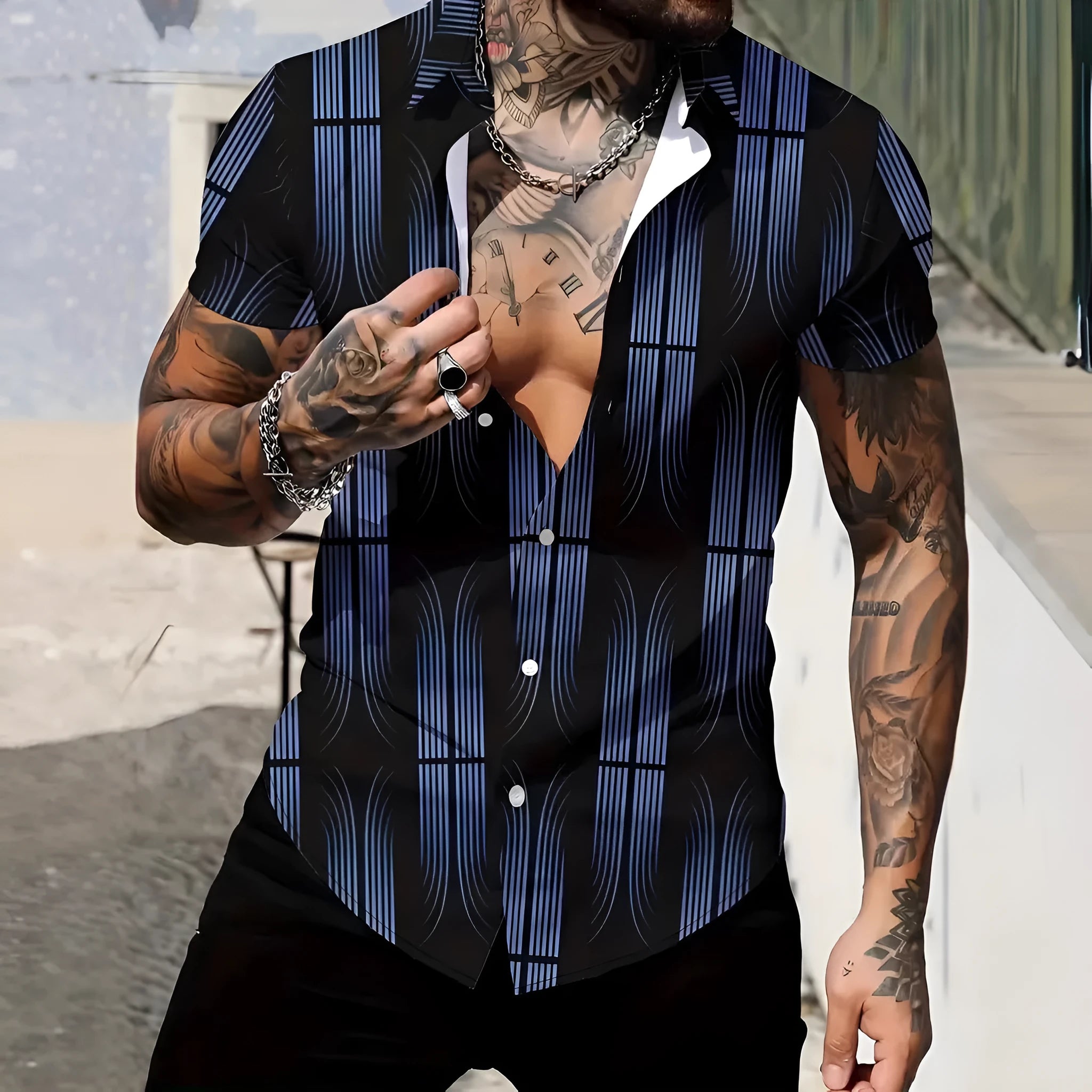 Men's geometric line print short sleeve shirt in slim fit with lapel collar