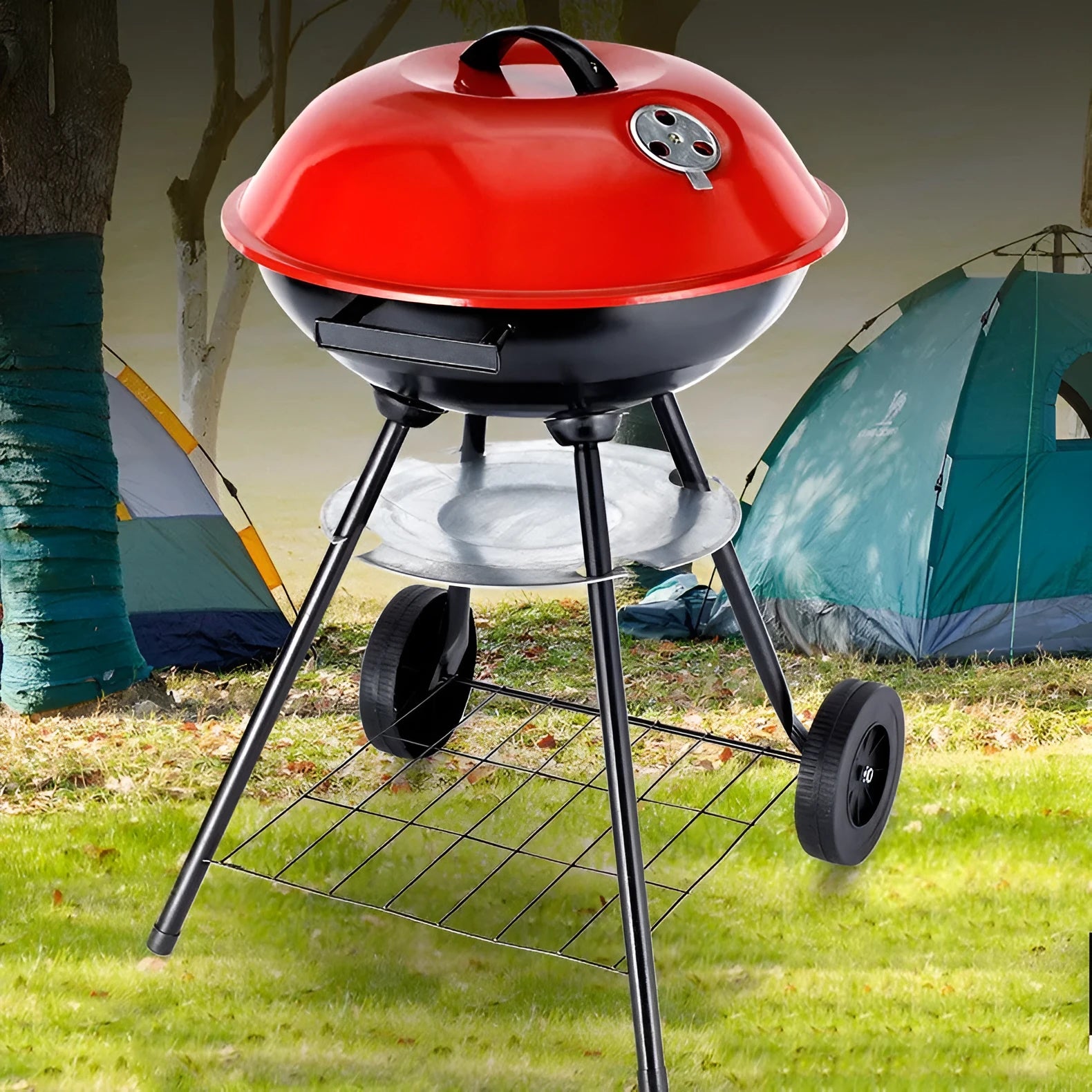 Portable 14-inch iron barbecue grill with minimalist apple stove design