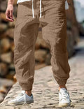 Men's straight cut linen trousers with elastic waistband in seven colour options