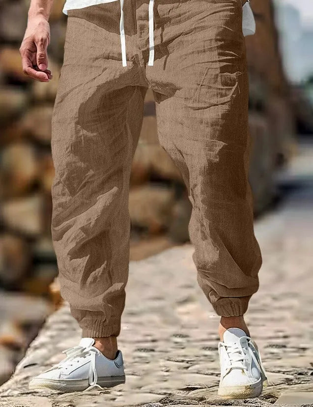 Men's straight cut linen trousers with elastic waistband in seven colour options
