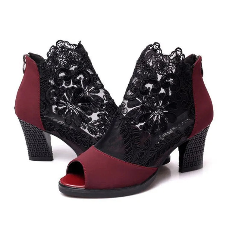 Women's black lace gladiator sandals with square high heel and peep toe design