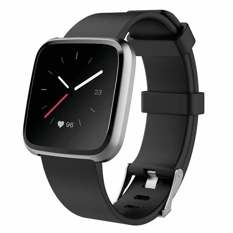 Fitbit Versa Lite replacement wrist strap in TPE material showing colour options and sizing