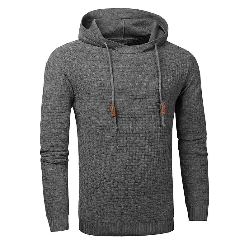 Men's black hooded sweatshirt made from cotton and polyester blend fabric on a grey background.