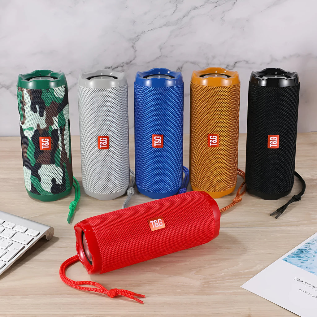 Compact portable Bluetooth speaker with card holder in blue, black, red, gold, silver grey, or camouflage colour