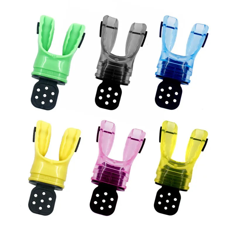 Plastic-free silicone diving mouthpiece in multiple colours showing 110mm length