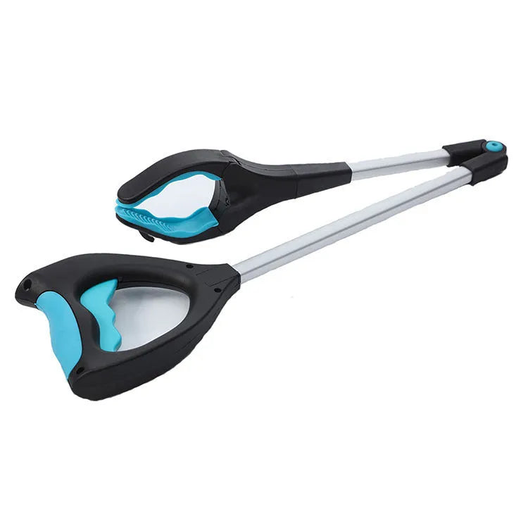 Blue foldable portable pickup trolley with aluminium frame shown in use and folded for storage.
