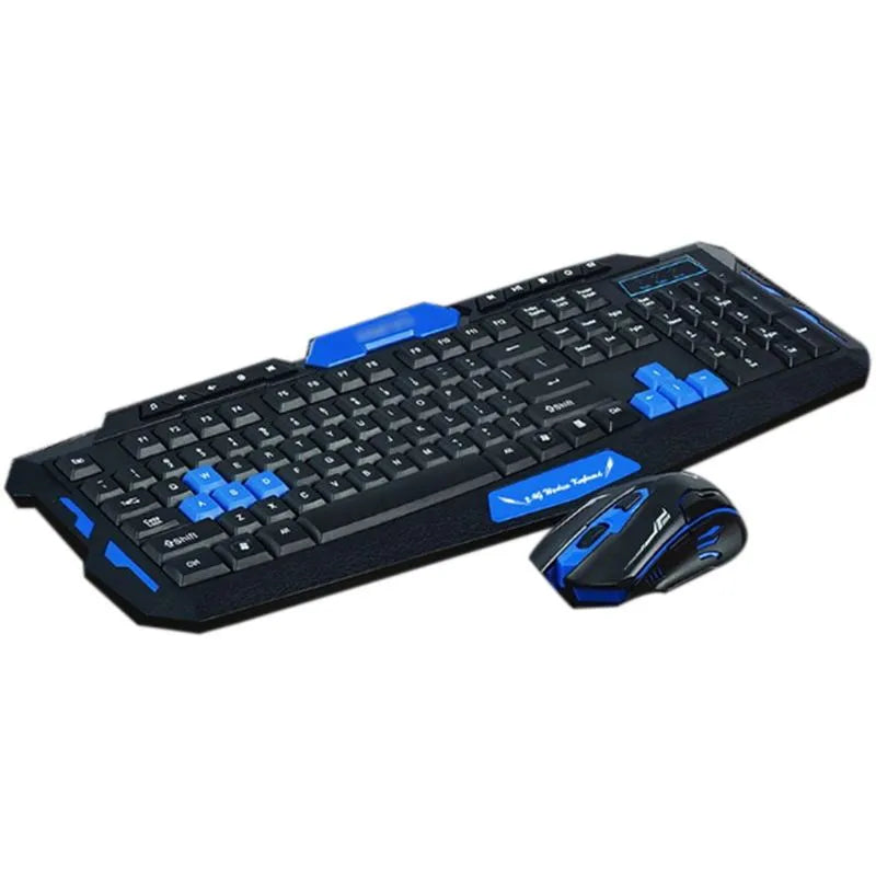 Black and blue wireless keyboard and mouse set showing 48cm keyboard with low-profile keys and gaming mouse with three buttons