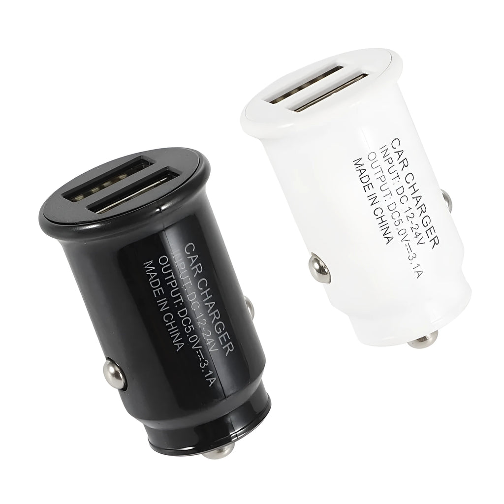 Dual USB car charger in black or white with 12-32V input and 5V 2.1A output, compact 50 x 30 x 30mm