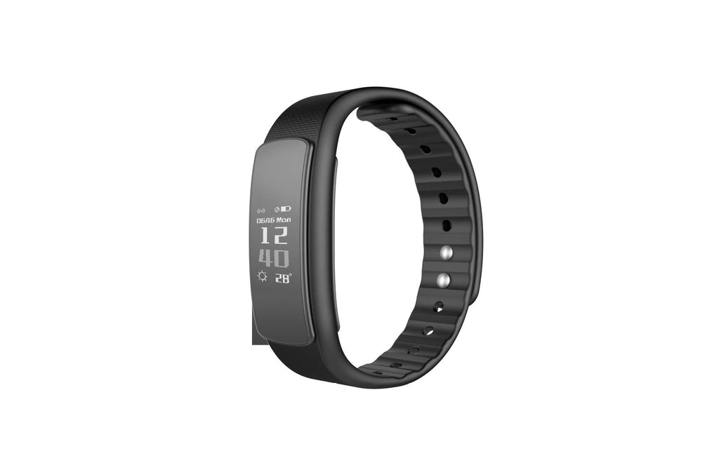 I6 smart sports bracelet in black with a 0.96-inch screen on a wrist.