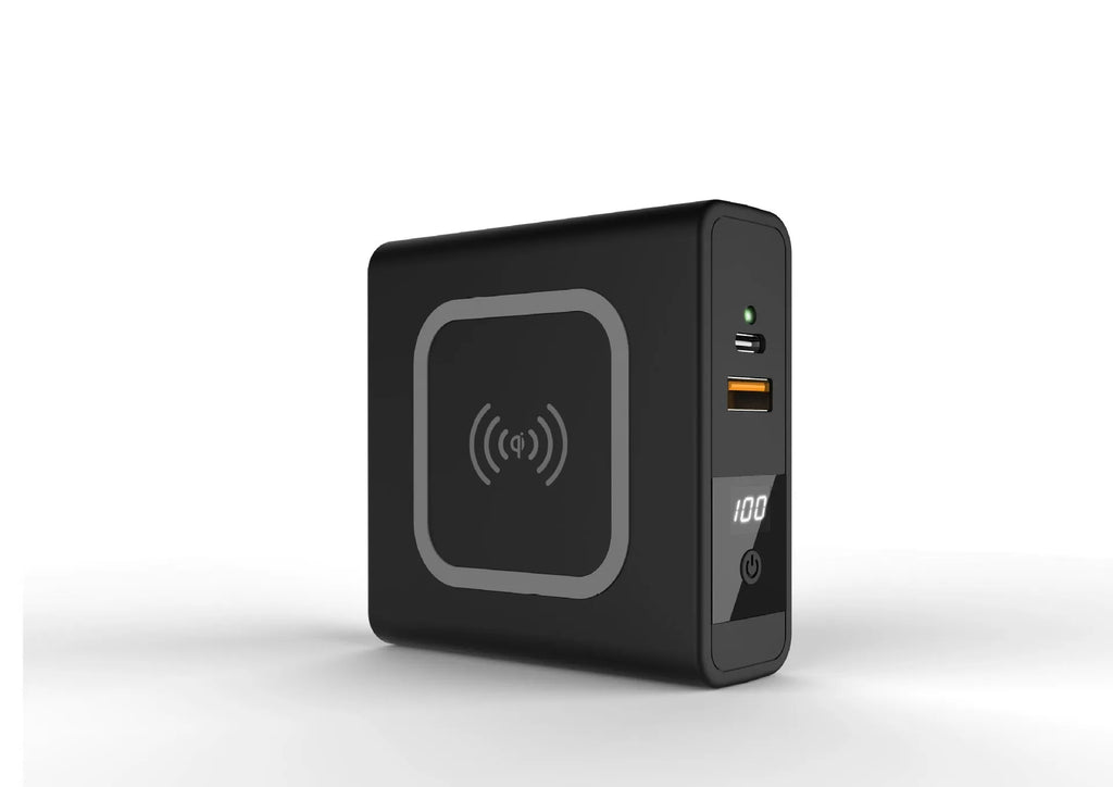 Super QI wireless charging power bank with built-in AC plug and international travel adapter in black or white colour