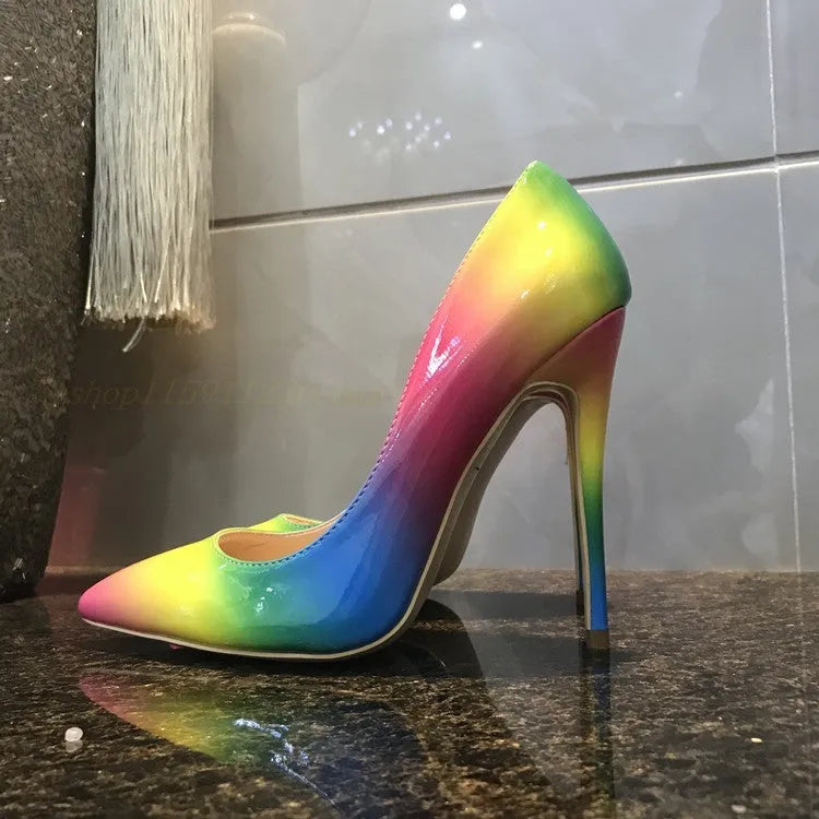 Rainbow colour patent leather women's high heels with pointed toe and thin ultra-high heel.