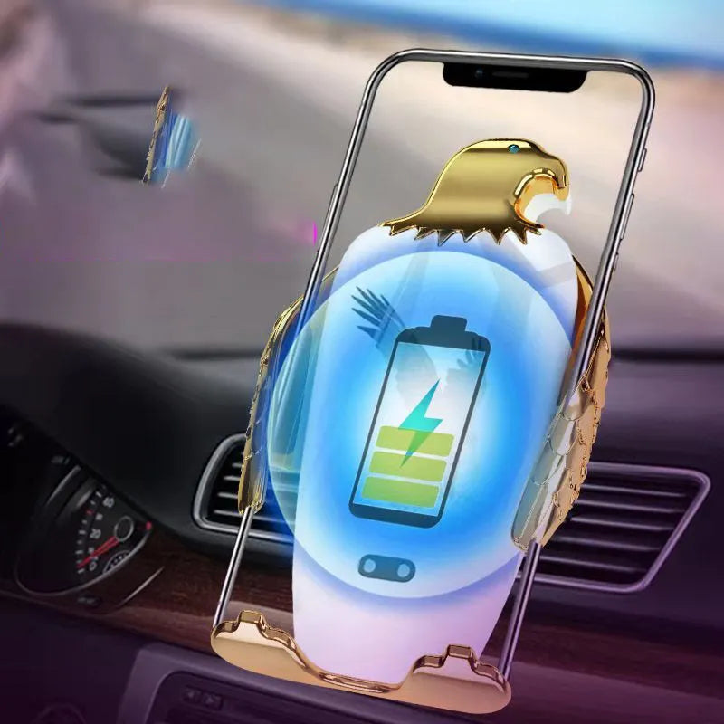 A black and gold wireless charging car phone holder with a suction cup mount, shown on a car dashboard.