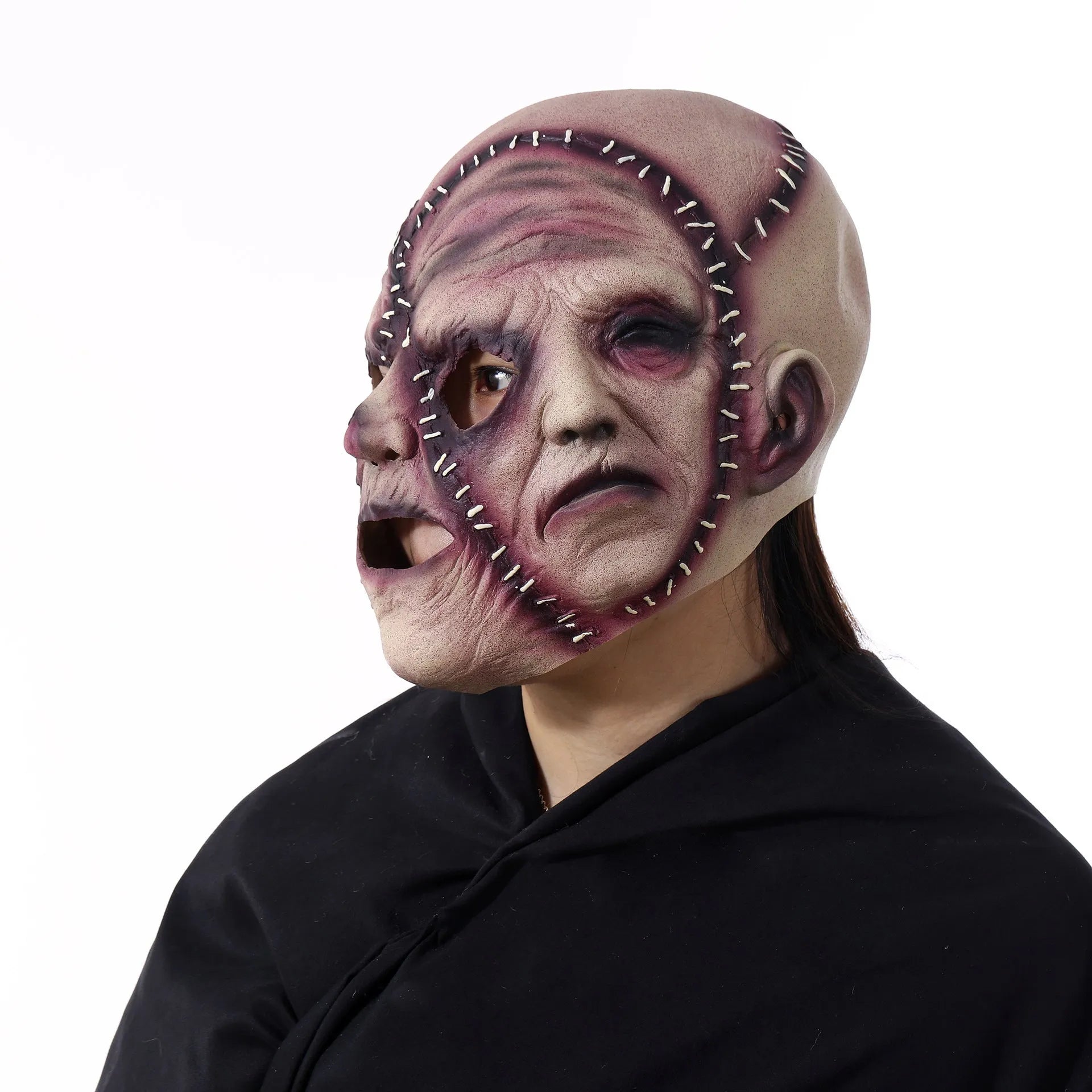 Three-sided grimace horror mask showing latex texture and comprehensive facial coverage for Halloween costumes