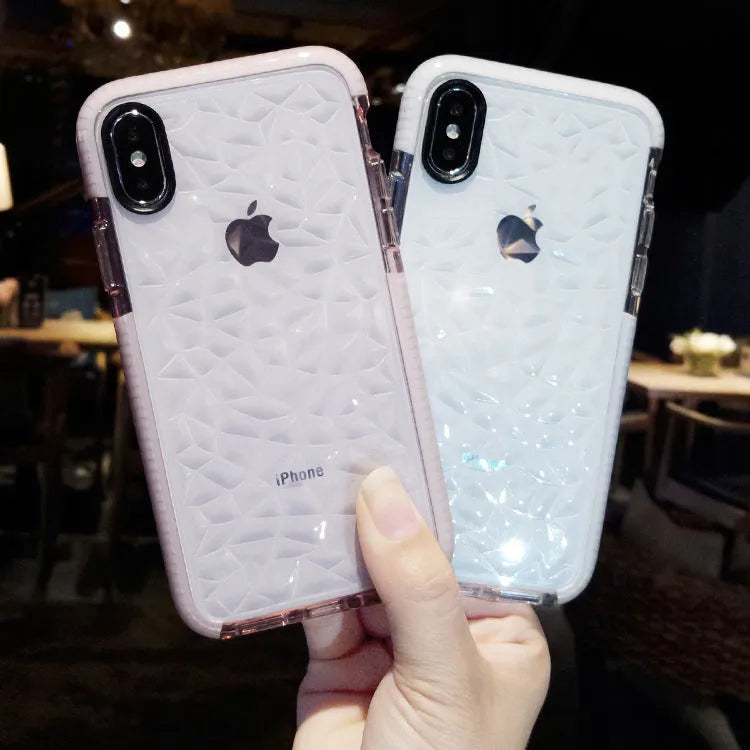 TPU iPhone back cover case with striped pattern, shown in pink edge, white edge, and black border colour options.