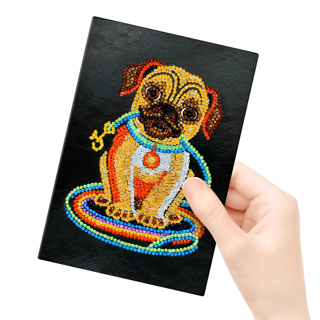 Black A5 diamond painting notebook with 50 pages, shown closed with dimensions 142mm by 207mm.
